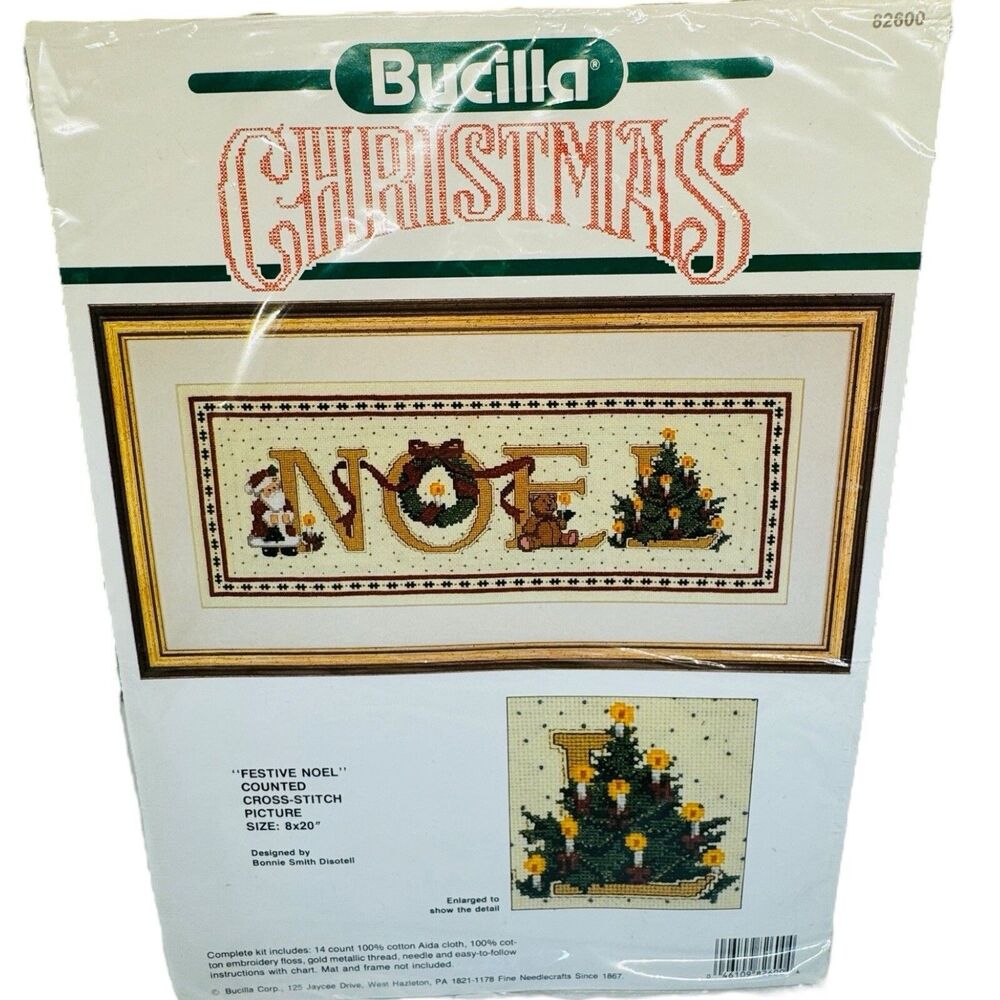 Vtg Bucilla Counted Cross Stitch Kit Festive Noel 8x20 Christmas Tree Santa